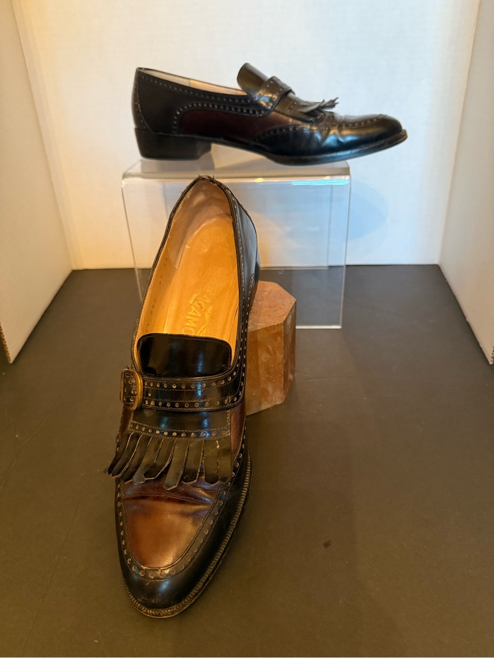 Salvatore Ferragamo Brown and Dark Brown Leather Kiltie Tassel Loafers